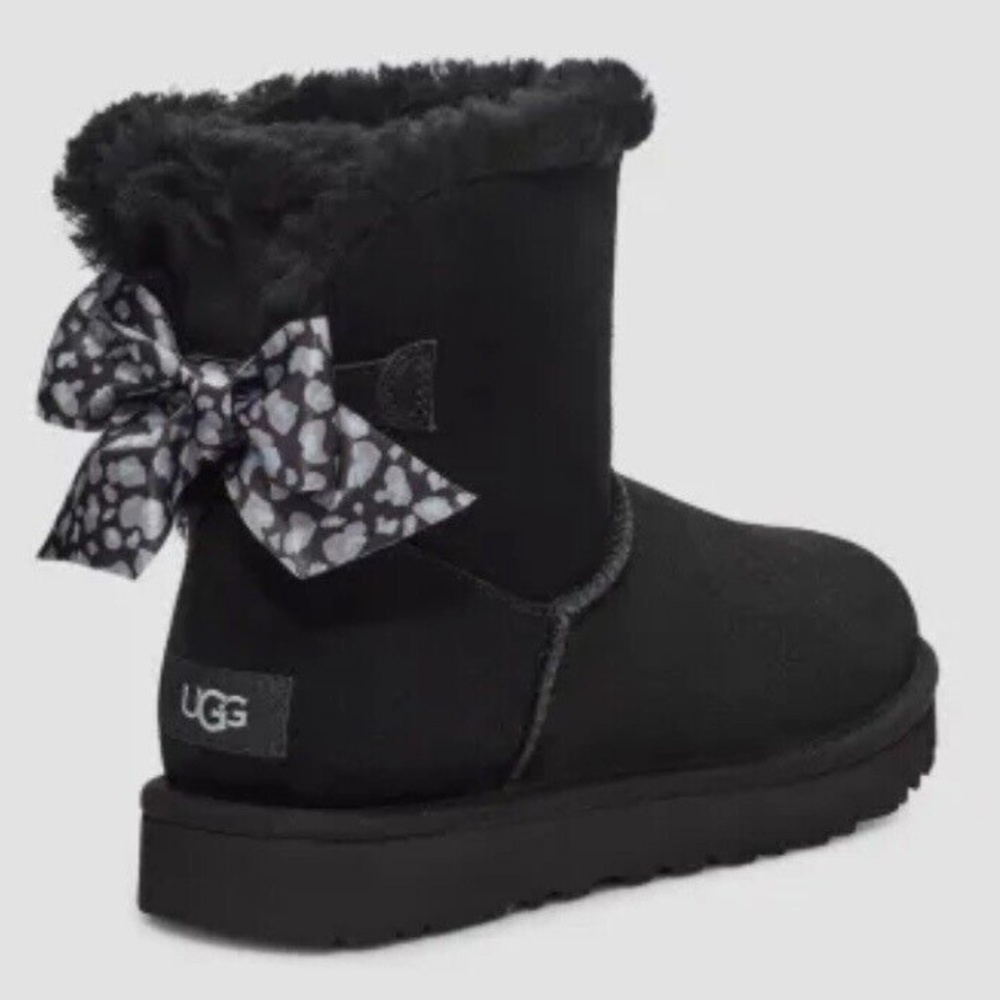 New UGG MINI BAILEY BOW LEOPARD BLACK SUEDE ANKLE WOMEN'S BOOTS SIZE US 7